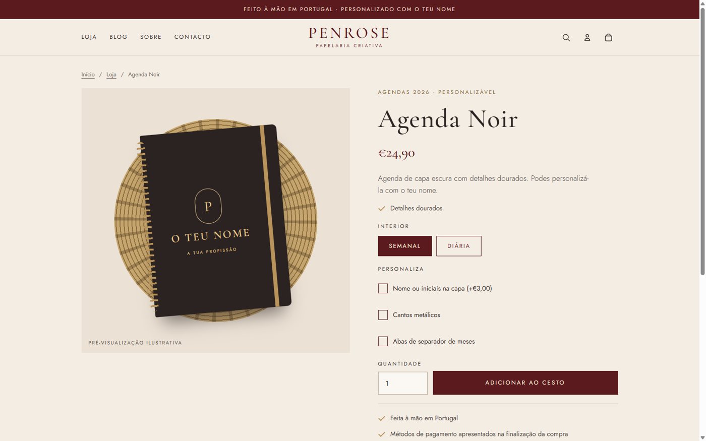 Página de produto da Penrose com opções de personalização